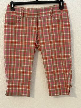 Adidas ClimaLite Womens Size 2 Plaid Golf Capri Pants Pink Khaki Cropped Preppy